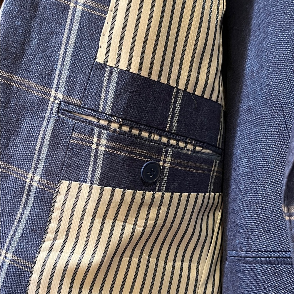 Men's Blue Linen Blend Waistcoat & Windowpane Blazer Set - Picture 5 of 7